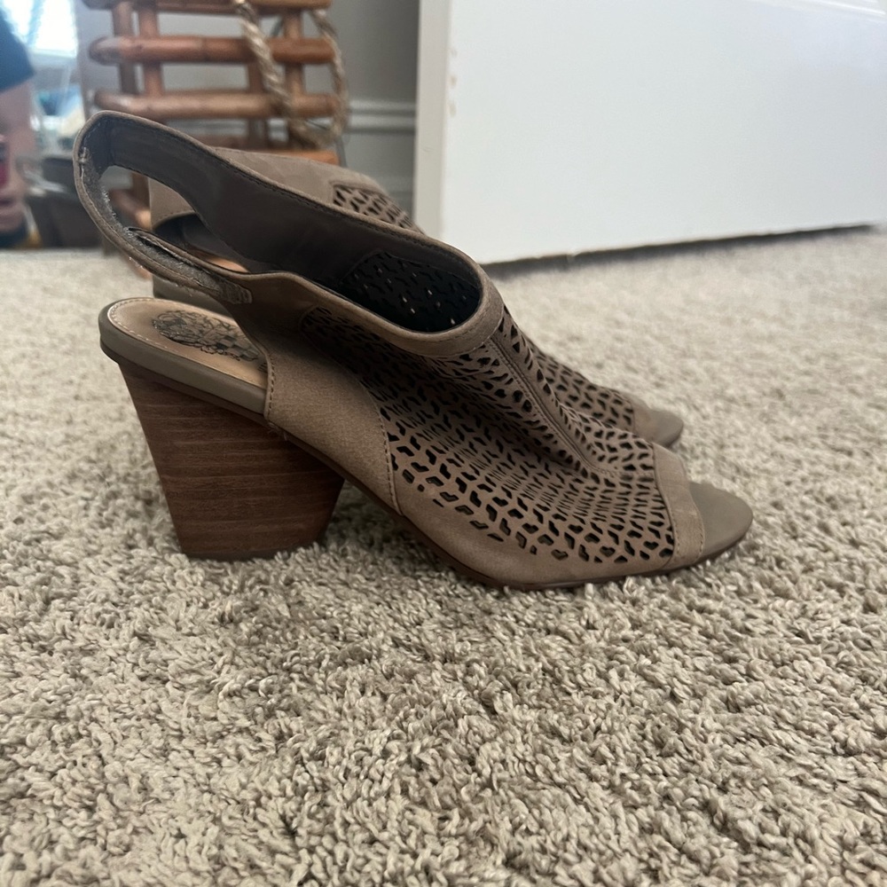Never worn Tan/gray ankle strap block heels.